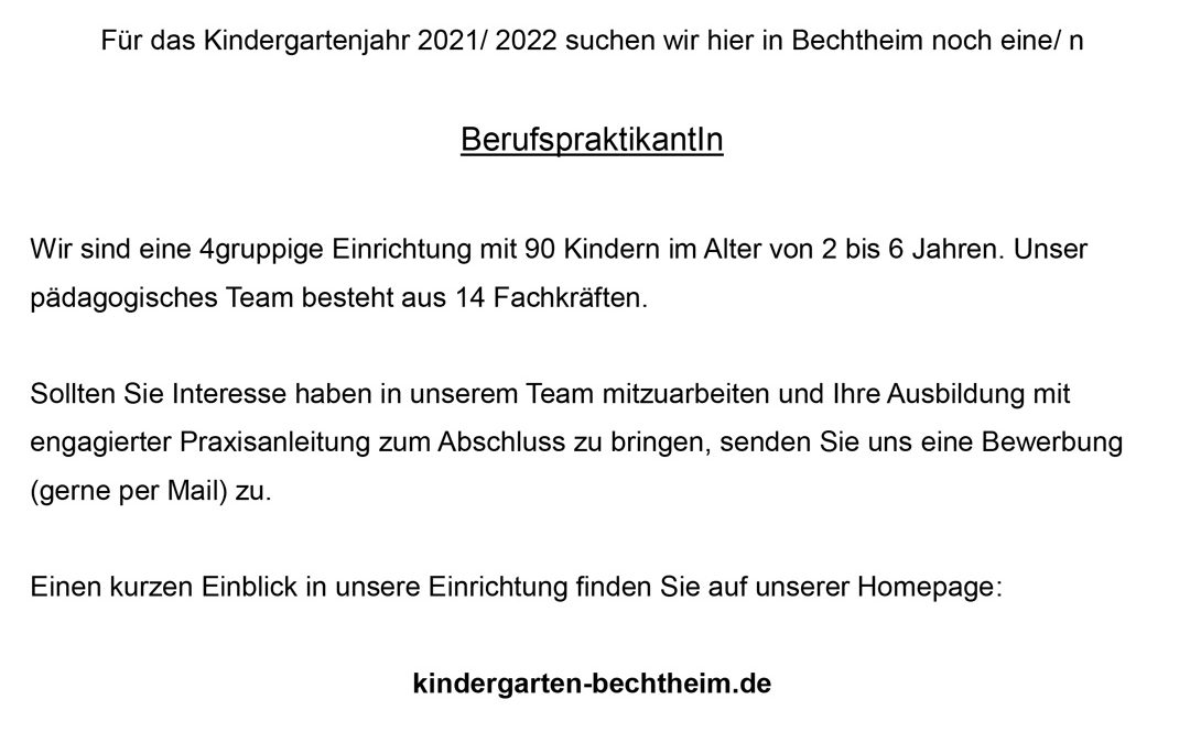 BerufspraktikantIn Kindergarten Kunterbunt Bechtheim Februar 2021