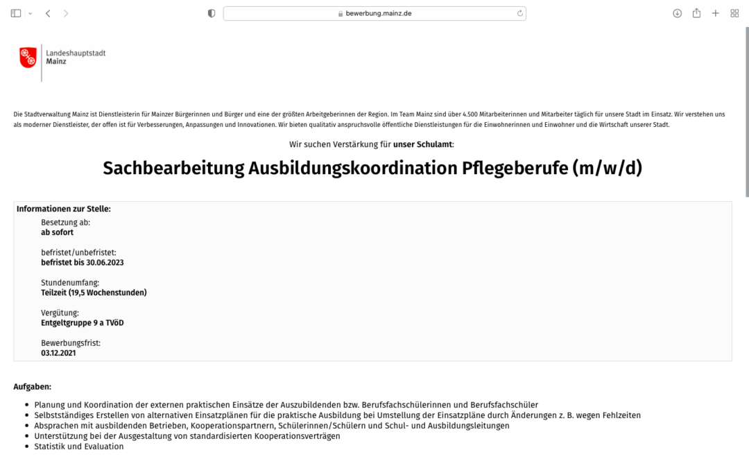 Stellenangebot der Stadt Mainz: Ausbildungskoordination Pflege